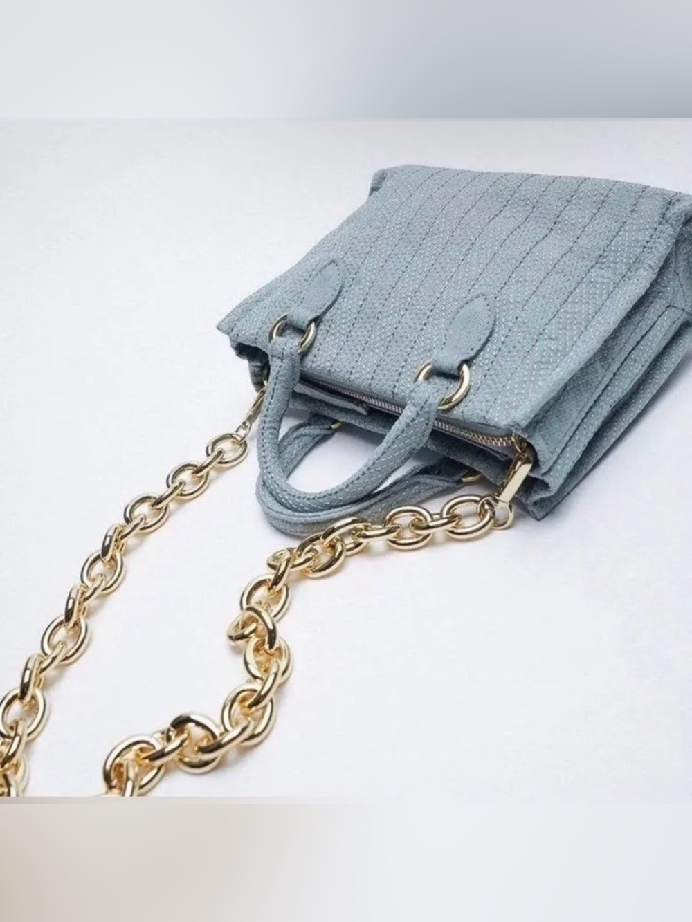 ZARA Light Blue Small Satchel Top Handle Zip Bag Gold Hardware Detachable Strap - Picture 4 of 12